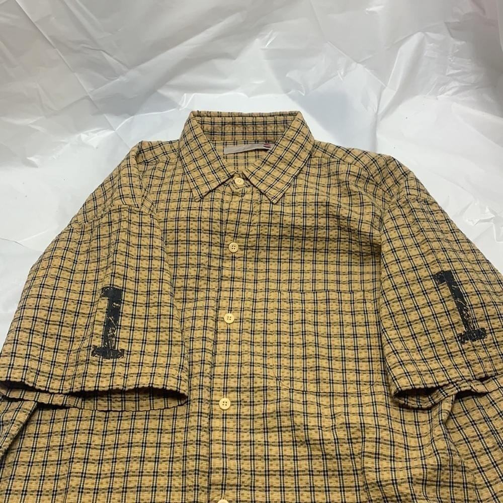 MEN’S Pepsi Yellow & Blue Plaid Button Down Short Sleeve Shirt Size L